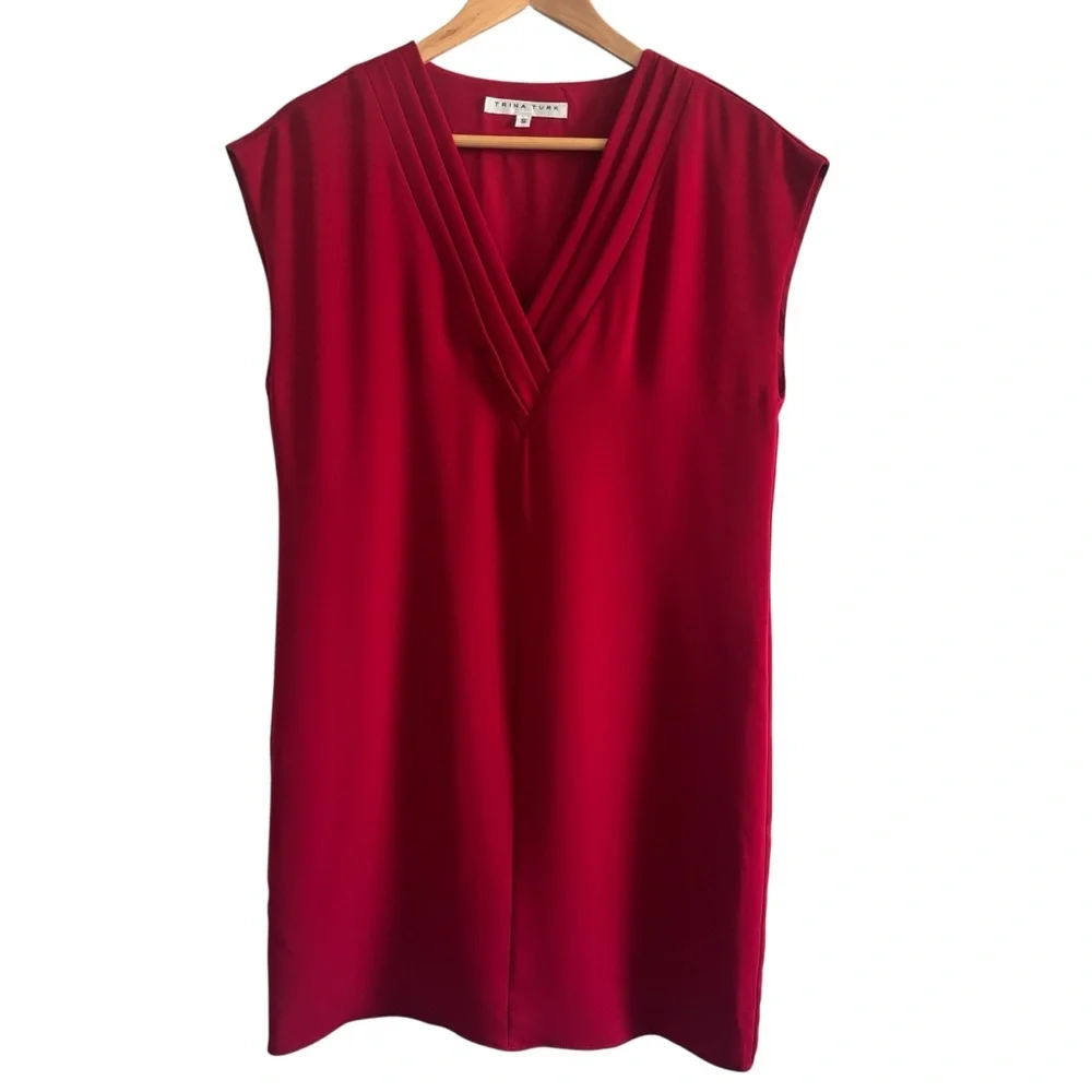 Trina Turk Zula Double Georgette Pleated V-Neck Cap Sleeve Shift Dress - Picture 7 of 14